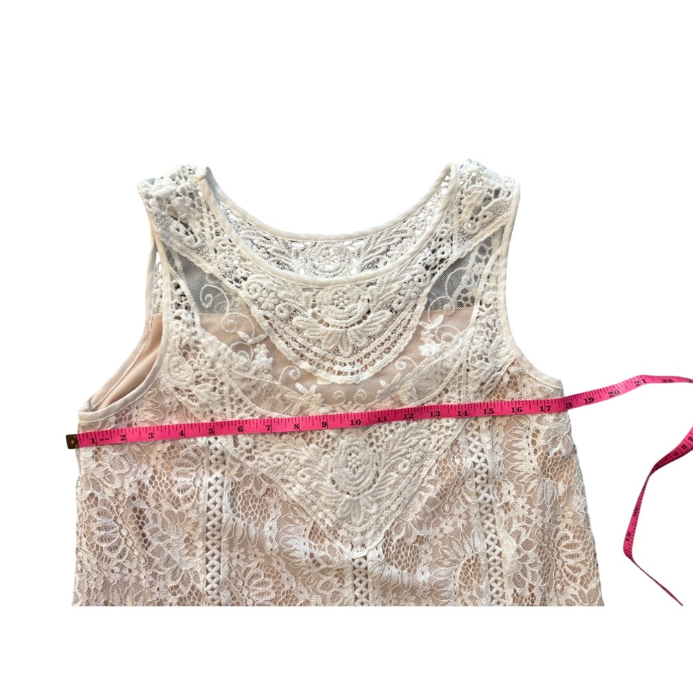 White Floral Lace Sleeveless Shift Mini Dress Crochet Yoke Boho Bridal Cream - Picture 3 of 5